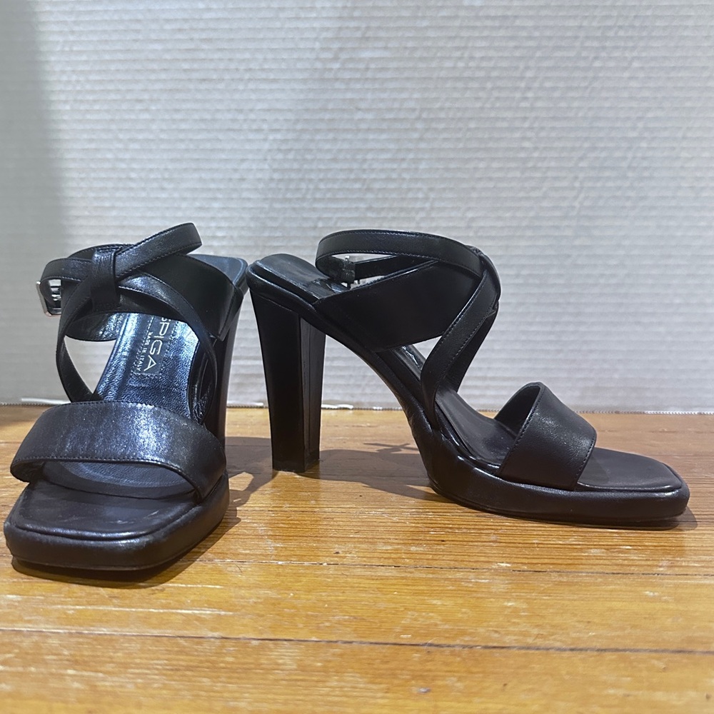 Via Spiga square toed ankle wrap heels.